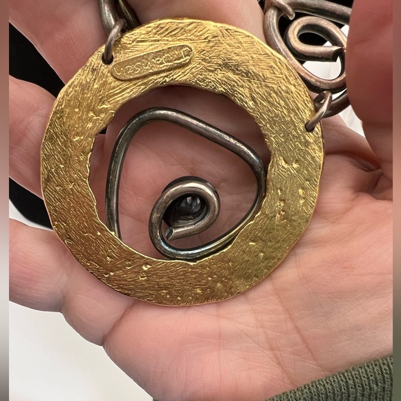 J. JANSEN Handcrafted Modern Brutalist Necklace Gold-Silver Tone Rhinestone - Picture 5 of 7